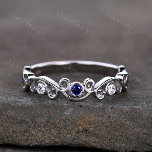 Antique Sapphire Moissanite Wedding Band Women Vintage Twig Floral Wedding Band Engagement Ring Band Bezel Set Bridal Anniversary Ring