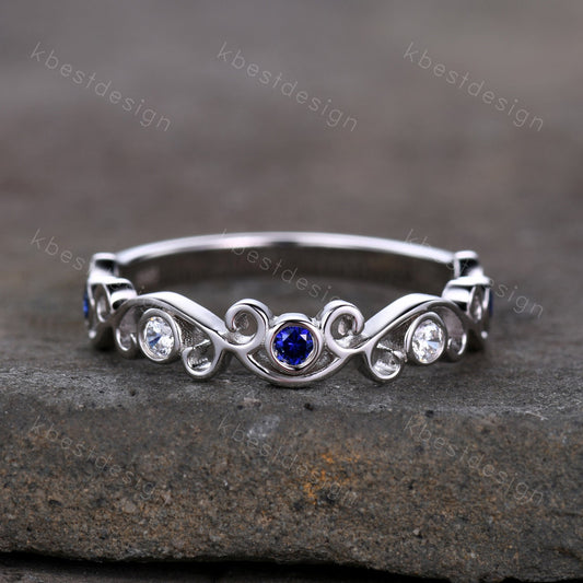 Antique Sapphire Moissanite Wedding Band Women Vintage Twig Floral Wedding Band Engagement Ring Band Bezel Set Bridal Anniversary Ring