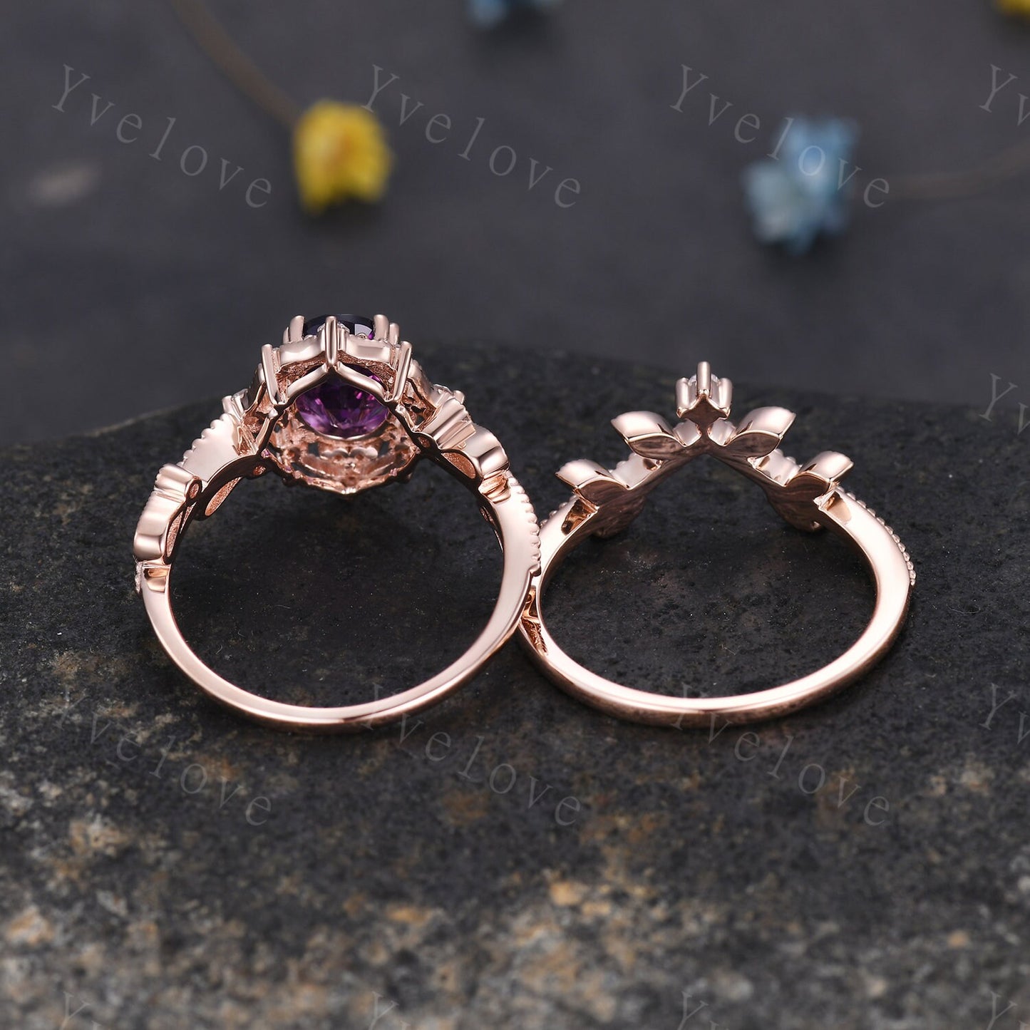 Amethyst engagement ring set rose gold engagement ring diamond stacking matching band floral vintage art deco ring Valentine day gift