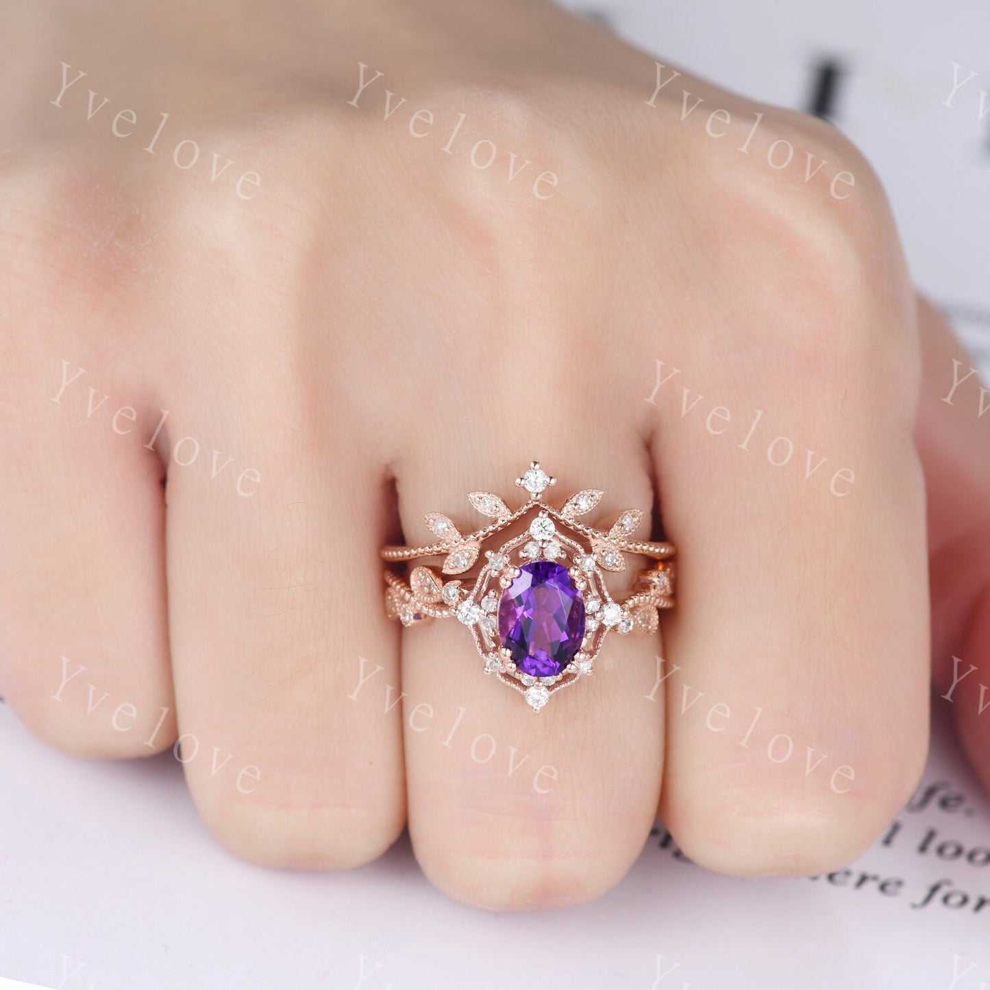 Amethyst engagement ring set rose gold engagement ring diamond stacking matching band floral vintage art deco ring Valentine day gift