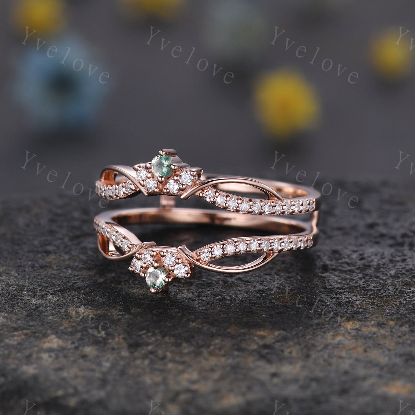 Dainty Moss Agate Moissanite wedding band V Curved Diamond wedding band Enhancer Band Stacking Matching Band Bridal Promise Anniversary Gift