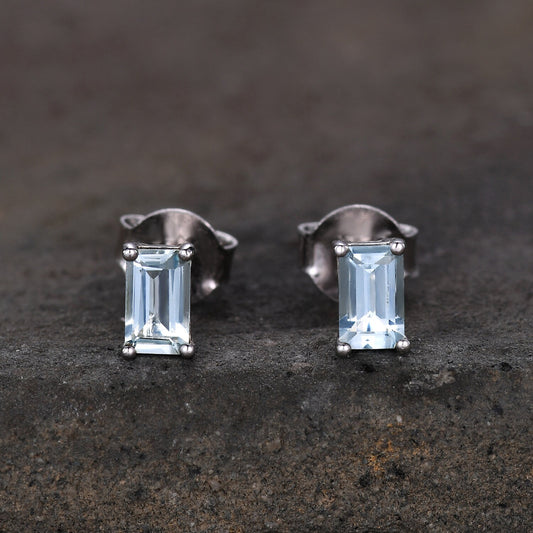 Aquamarine Stud Earrings, Tiny Aquamarine Studs, Baguette Earrings, Solitaire Earrings, March Jewelry, Minimalist Earrings, Dainty Studs