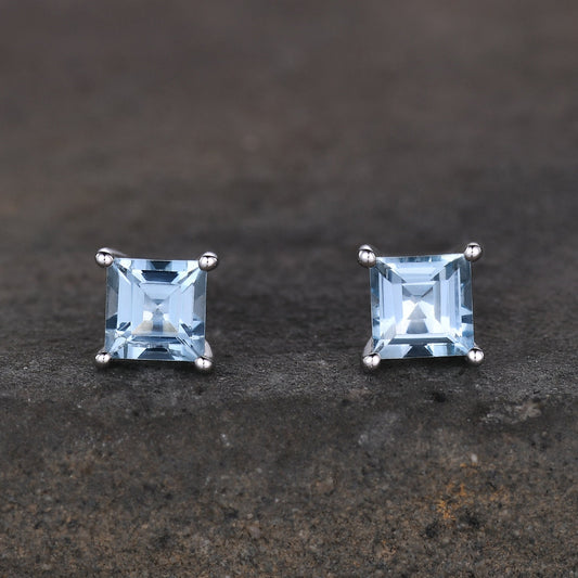Genuine aquamarine stud earrings, princess cut aquamarine earring studs, 5mm AAA aquamarine studs, March birthstone, minimalist, tiny studs