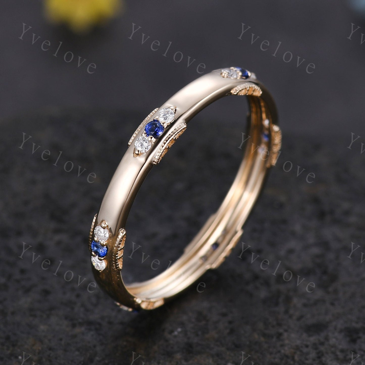 Antique Sapphire Wedding Band Eternity Blue Sapphire ring Sterling Silver September Birthstone Promise Anniversary Gift for Her Handmade