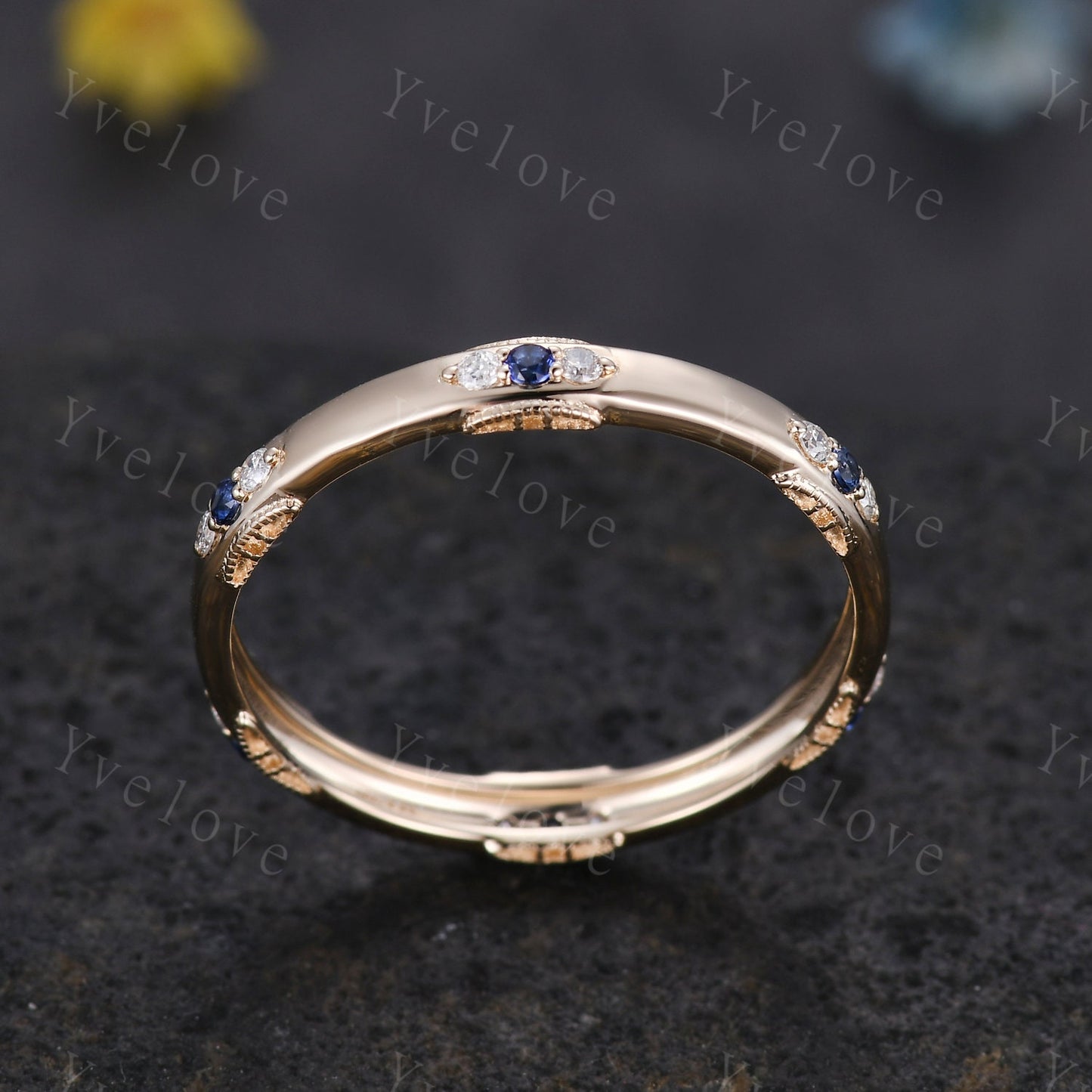 Antique Sapphire Wedding Band Eternity Blue Sapphire ring Sterling Silver September Birthstone Promise Anniversary Gift for Her Handmade