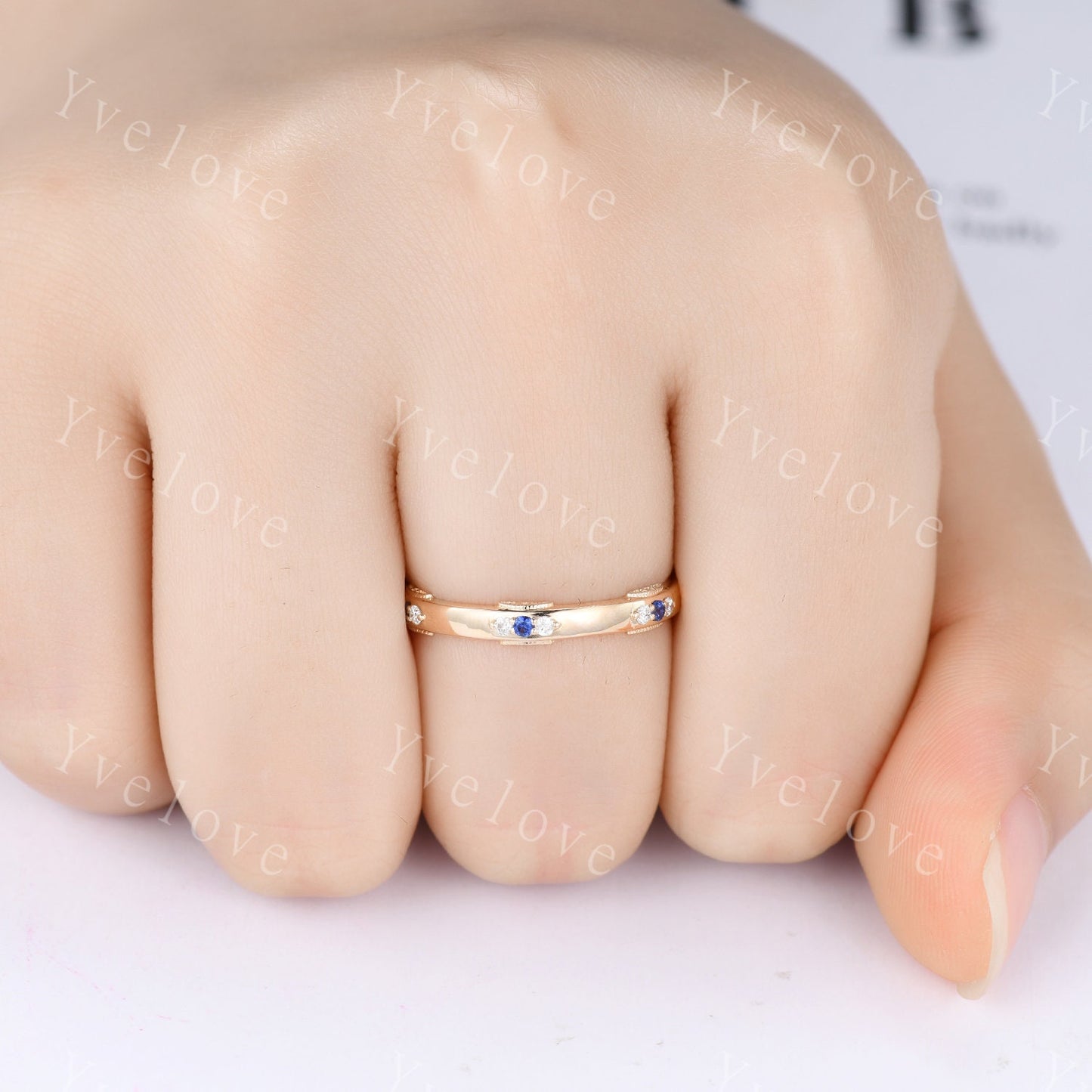 Antique Sapphire Wedding Band Eternity Blue Sapphire ring Sterling Silver September Birthstone Promise Anniversary Gift for Her Handmade