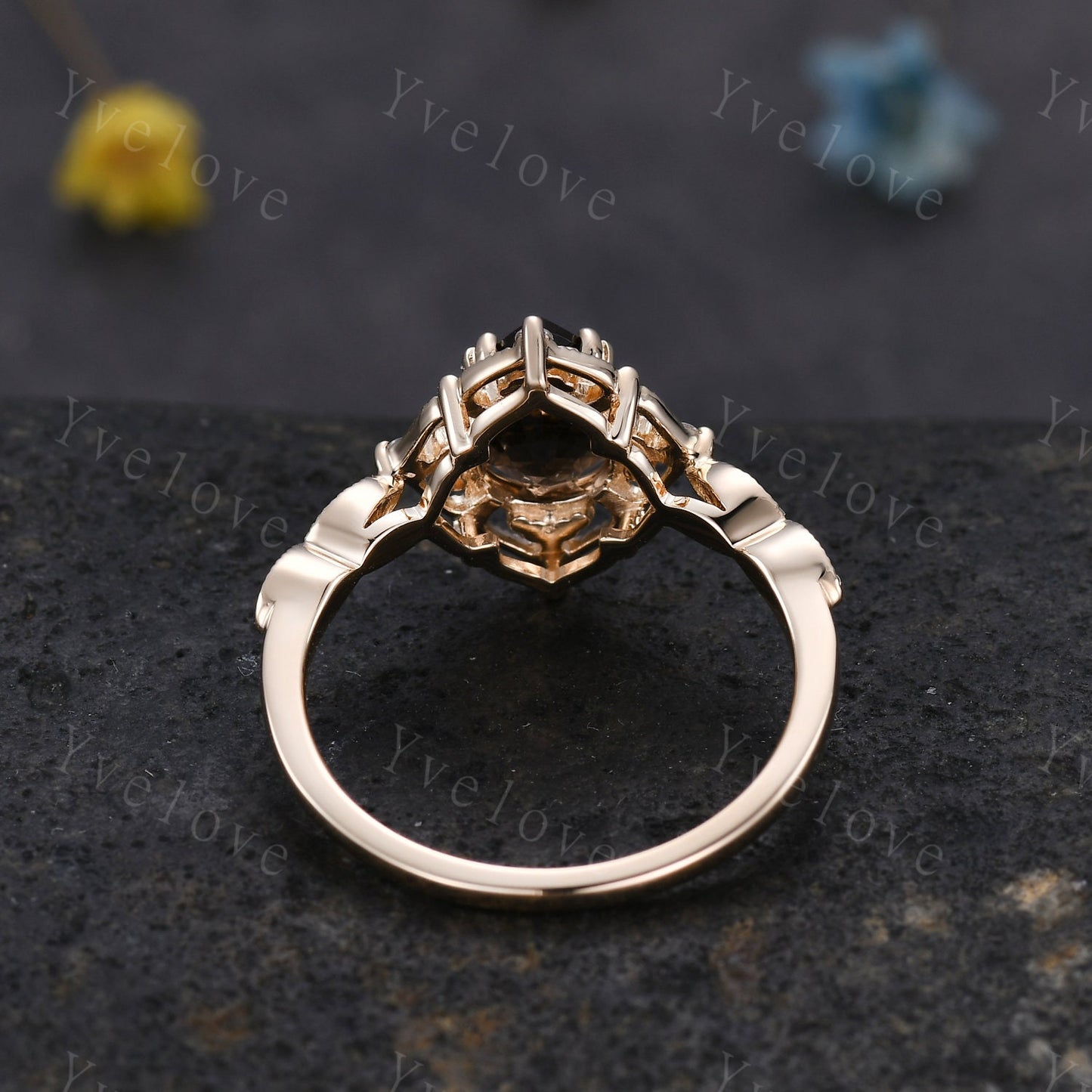Vintage Black Fire Opal Engagement Ring Set,Pear Black Opal Ring,14K Solid Gold Ring,Unique Women Moissanite Promise Ring For Her,Handmade