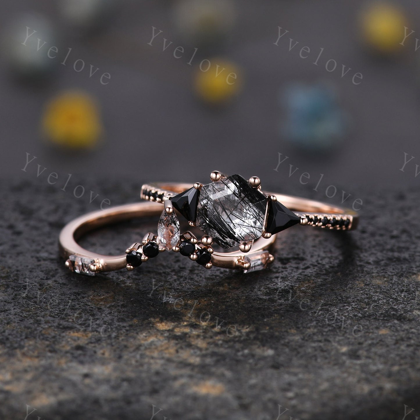 Hexagon Cut Black Rutilated Quartz Engagement Ring,Vingate Bridal Set,Black Spinel,Silver Ring,Gothic Ring,Promise Wedding Ring Gift for Her