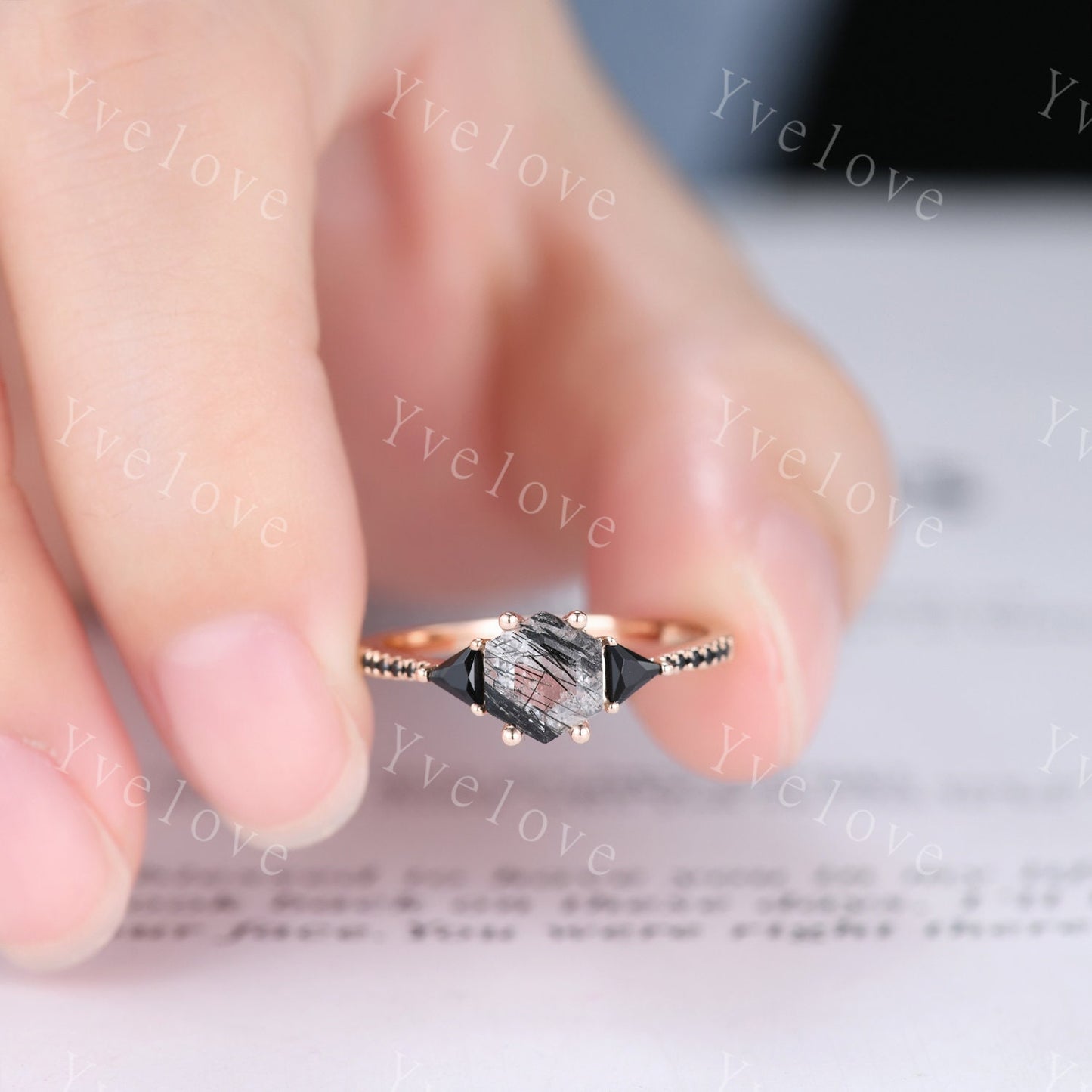 Hexagon Cut Black Rutilated Quartz Engagement Ring,Vingate Bridal Set,Black Spinel,Silver Ring,Gothic Ring,Promise Wedding Ring Gift for Her