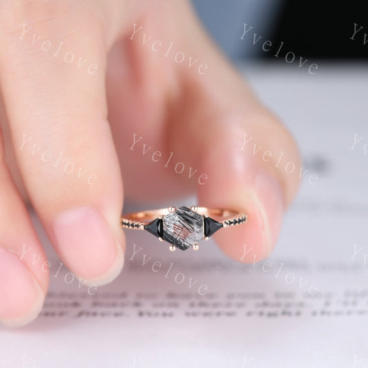 Hexagon Cut Black Rutilated Quartz Engagement Ring,Vingate Bridal Set,Black Spinel,Silver Ring,Gothic Ring,Promise Wedding Ring Gift for Her