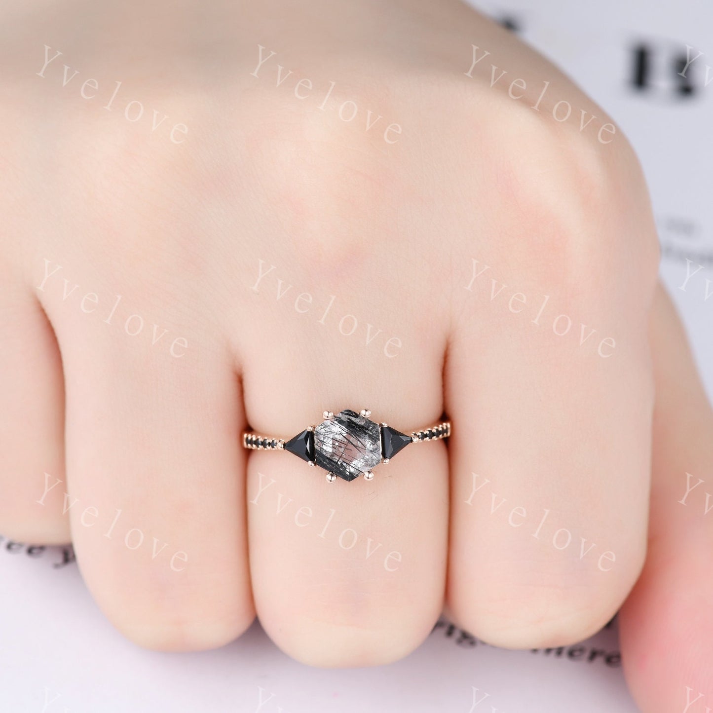 Hexagon Cut Black Rutilated Quartz Engagement Ring,Vingate Bridal Set,Black Spinel,Silver Ring,Gothic Ring,Promise Wedding Ring Gift for Her