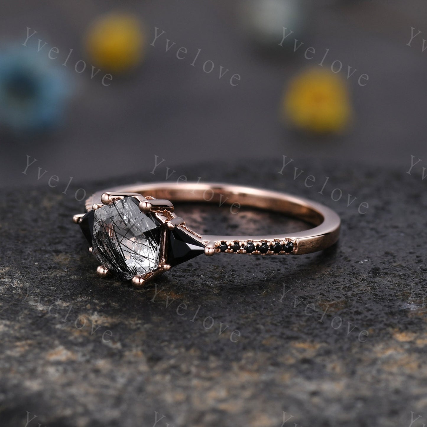 Hexagon Cut Black Rutilated Quartz Engagement Ring,Vingate Bridal Set,Black Spinel,Silver Ring,Gothic Ring,Promise Wedding Ring Gift for Her