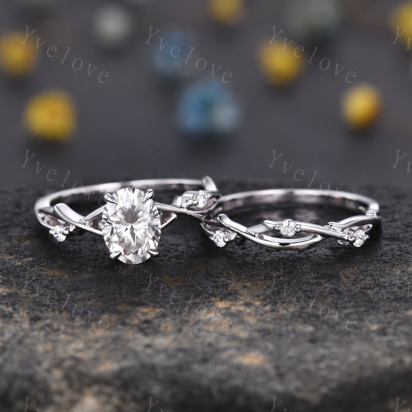 Twig Oval Moissanite Engagement Ring Set Vintage Leaf Diamond Ring,Branch Ring White Gold,Twisted Ring Promise Bridal Set,Dainty Ring Set