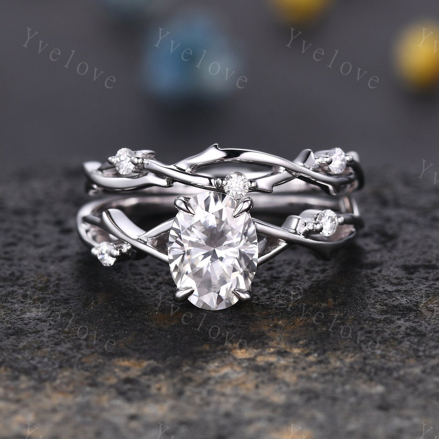 Twig Oval Moissanite Engagement Ring Set Vintage Leaf Diamond Ring,Branch Ring White Gold,Twisted Ring Promise Bridal Set,Dainty Ring Set