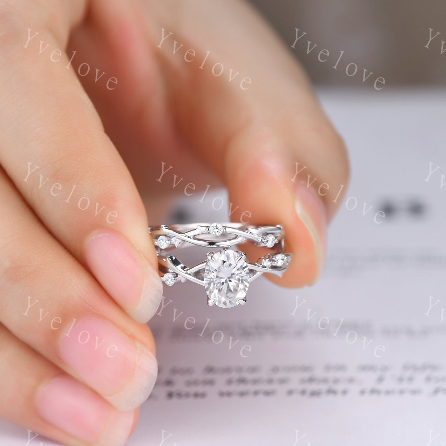 Twig Oval Moissanite Engagement Ring Set Vintage Leaf Diamond Ring,Branch Ring White Gold,Twisted Ring Promise Bridal Set,Dainty Ring Set