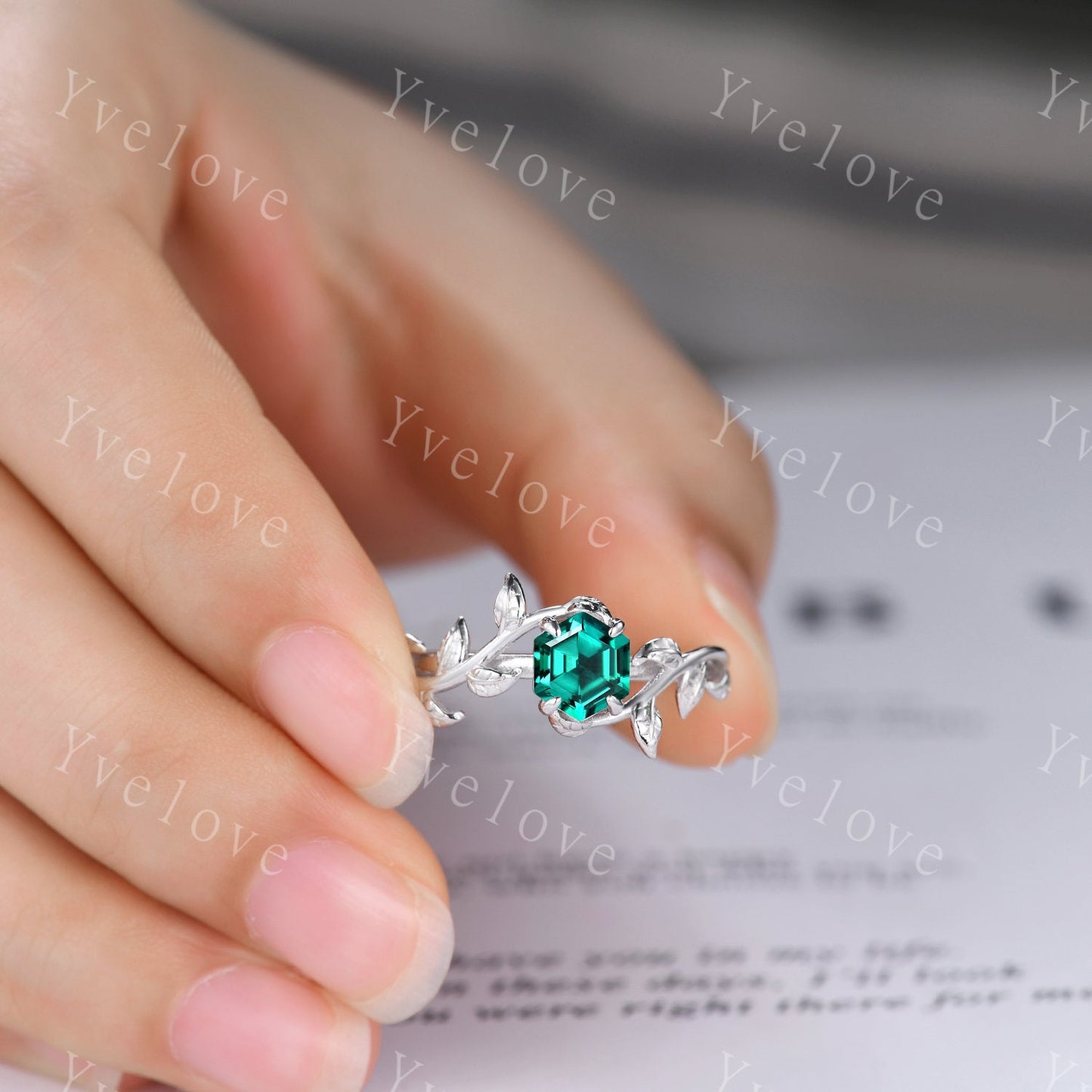 Hexagon Emerald Ring,Vintage Twig Vine Leaf Ring,Unique Emerald Engagement Ring,May birthstone Ring,Promise Anniversary Bridal Ring Gift