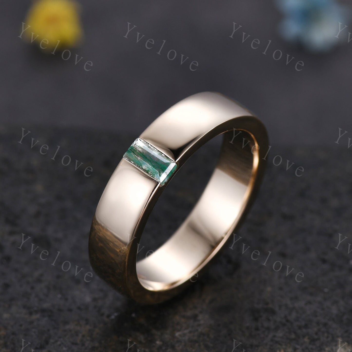 Mens Moss agate Wedding Band Baguette Cut Green Agate Band 5mm Solid Gold Ring Mens Solitaire Stacking Matching Band Retro Vintage Ring Gift