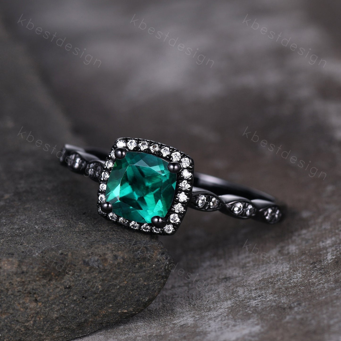 Cushion cut emerald ring black gold vintage emerald engagement ring May birthstone emerald ring art deco moissanite wedding promise ring