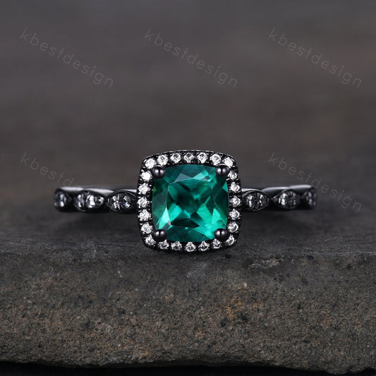 Cushion cut emerald ring black gold vintage emerald engagement ring May birthstone emerald ring art deco moissanite wedding promise ring