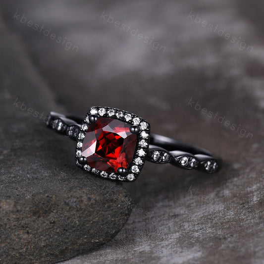 Unique red garnet ring vintage cushion cut garnet engagement ring 14k black gold ring January birthstone ring moissanite anniversary ring