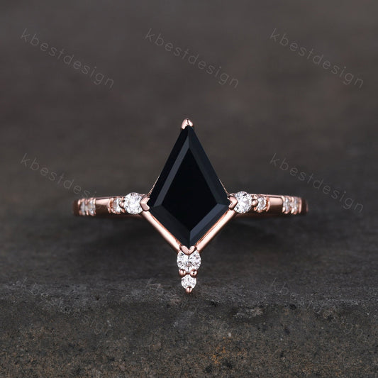 Vintage kite cut black onyx engagement ring unique art deco moissanite wedding ring for women black stone ring promise anniversary gift