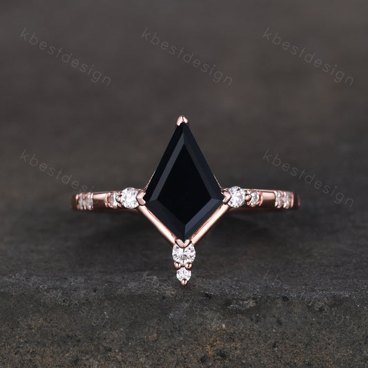 Vintage kite cut black onyx engagement ring unique art deco moissanite wedding ring for women black stone ring promise anniversary gift