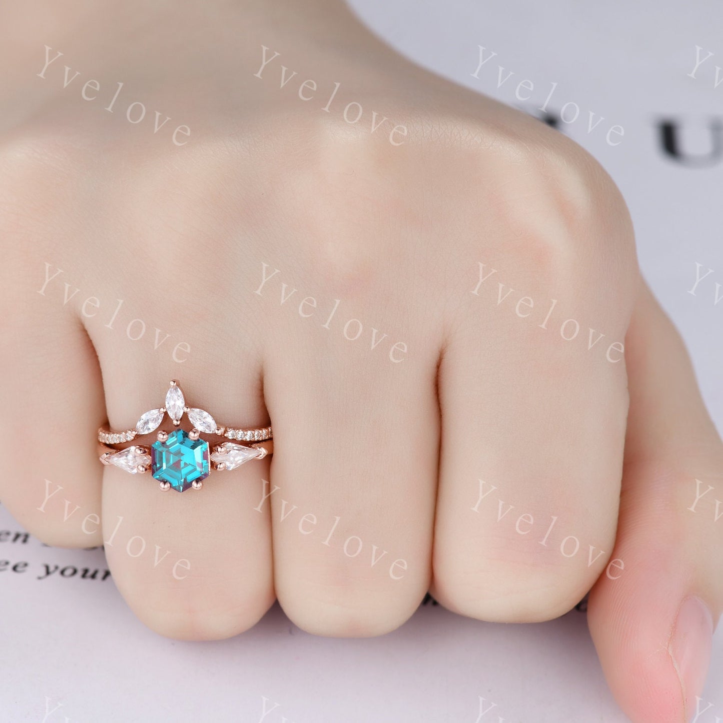 Vintage Hexagon Alexandrite Engagement Ring Set Rose Gold Women Moissanite  Matching Band Promise Bridal Stacking Ring Set Gift for her