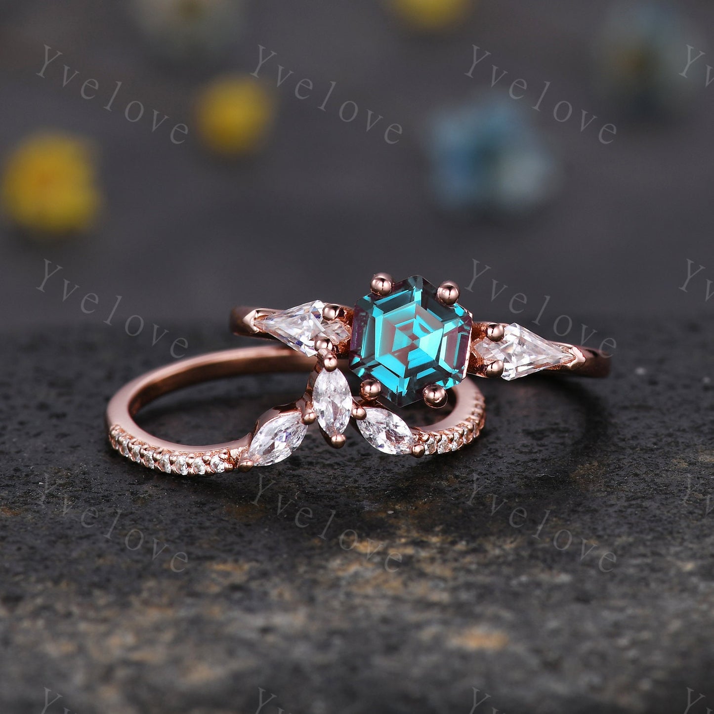 Vintage Hexagon Alexandrite Engagement Ring Set Rose Gold Women Moissanite  Matching Band Promise Bridal Stacking Ring Set Gift for her