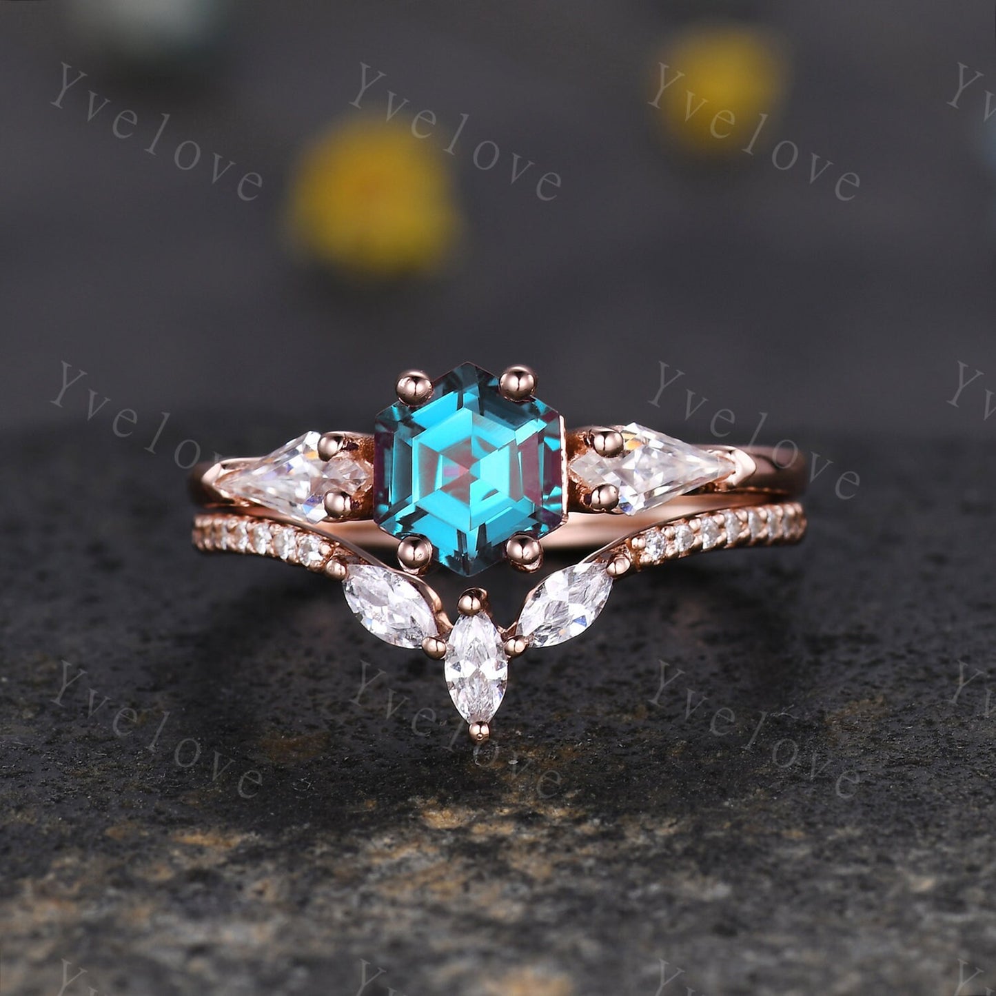 Vintage Hexagon Alexandrite Engagement Ring Set Rose Gold Women Moissanite  Matching Band Promise Bridal Stacking Ring Set Gift for her