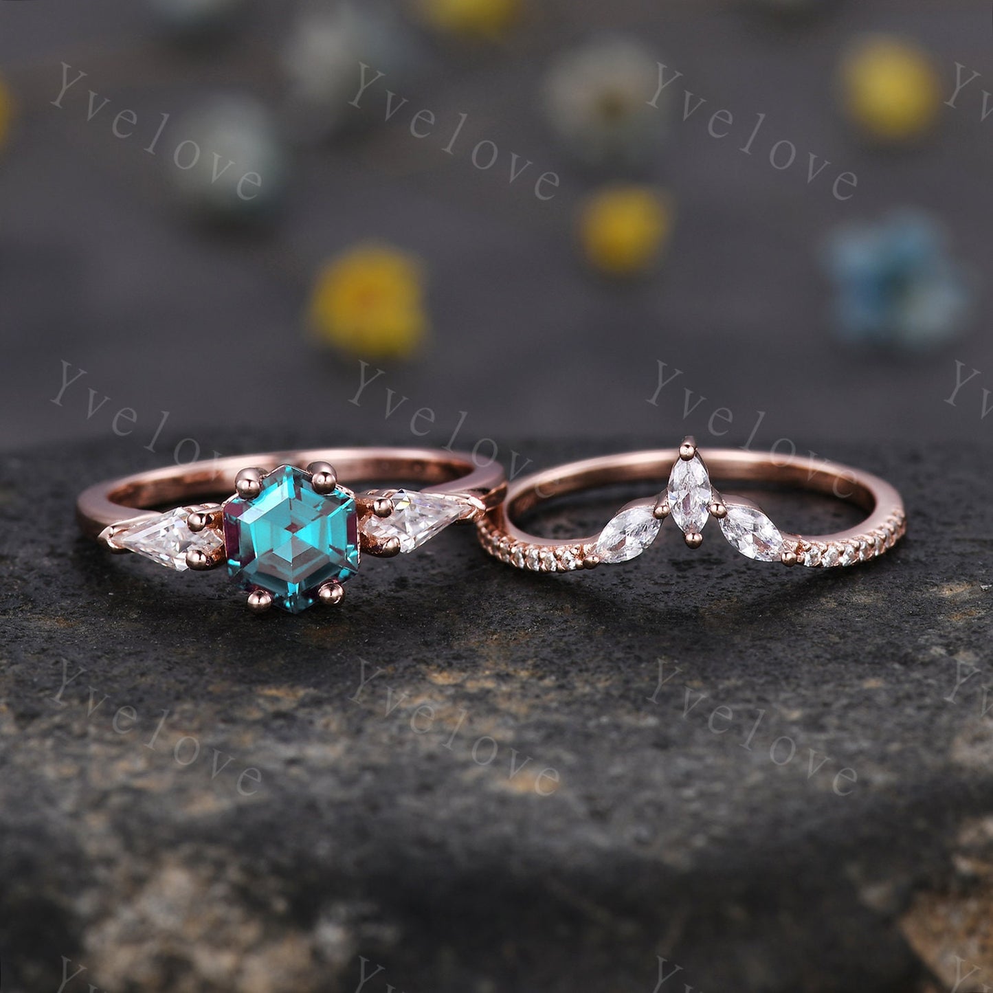 Vintage Hexagon Alexandrite Engagement Ring Set Rose Gold Women Moissanite  Matching Band Promise Bridal Stacking Ring Set Gift for her