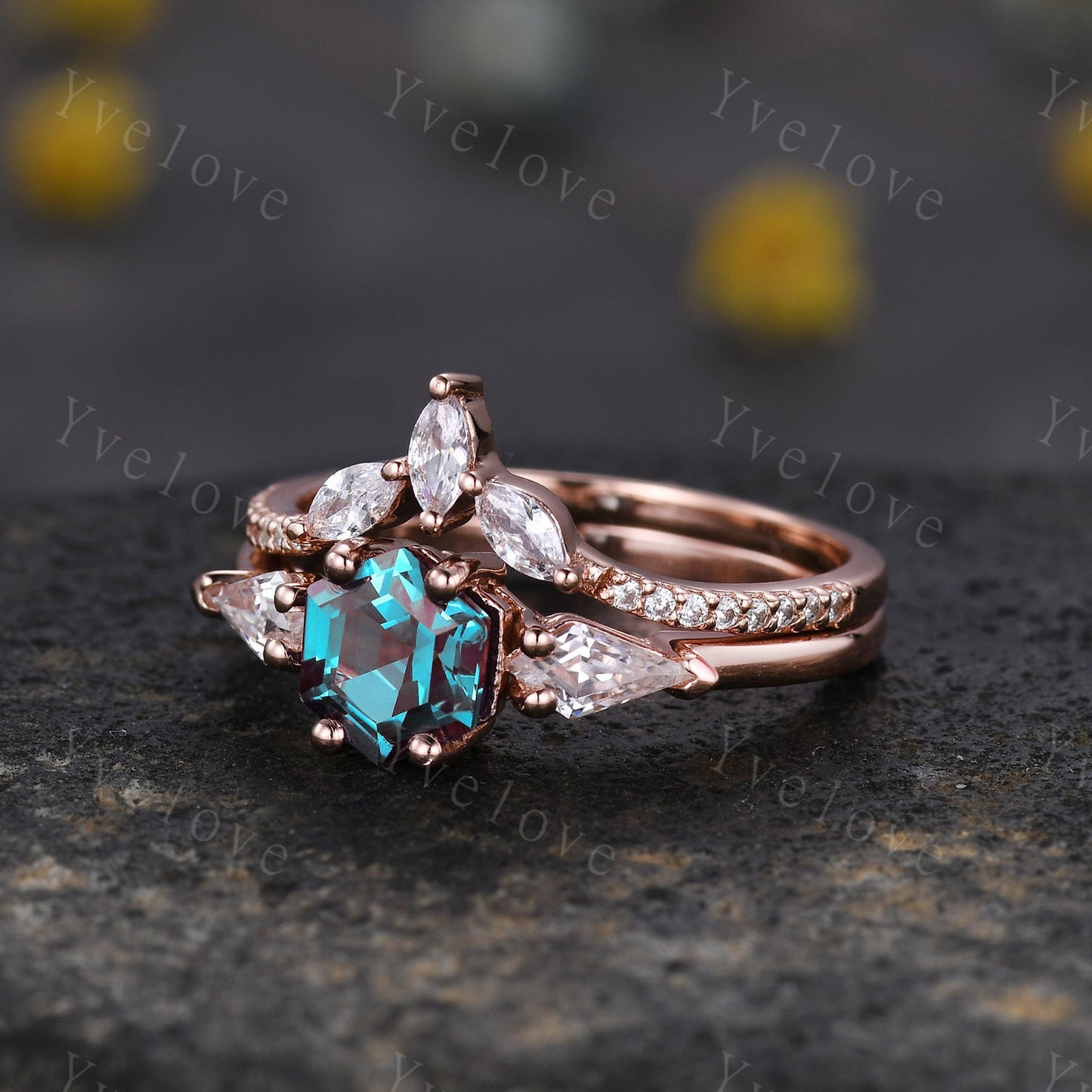 Vintage Hexagon Alexandrite Engagement Ring Set Rose Gold Women Moissanite  Matching Band Promise Bridal Stacking Ring Set Gift for her