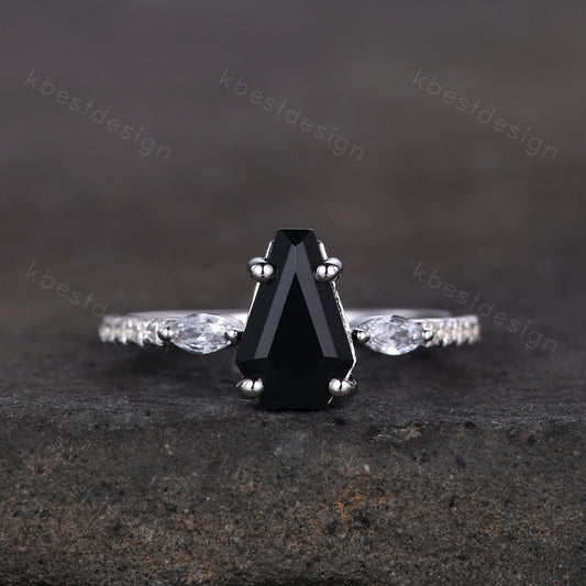 Coffin shaped black onyx engagement ring vintage white gold rings for women art deco marquise cut moissanite ring antique promise ring