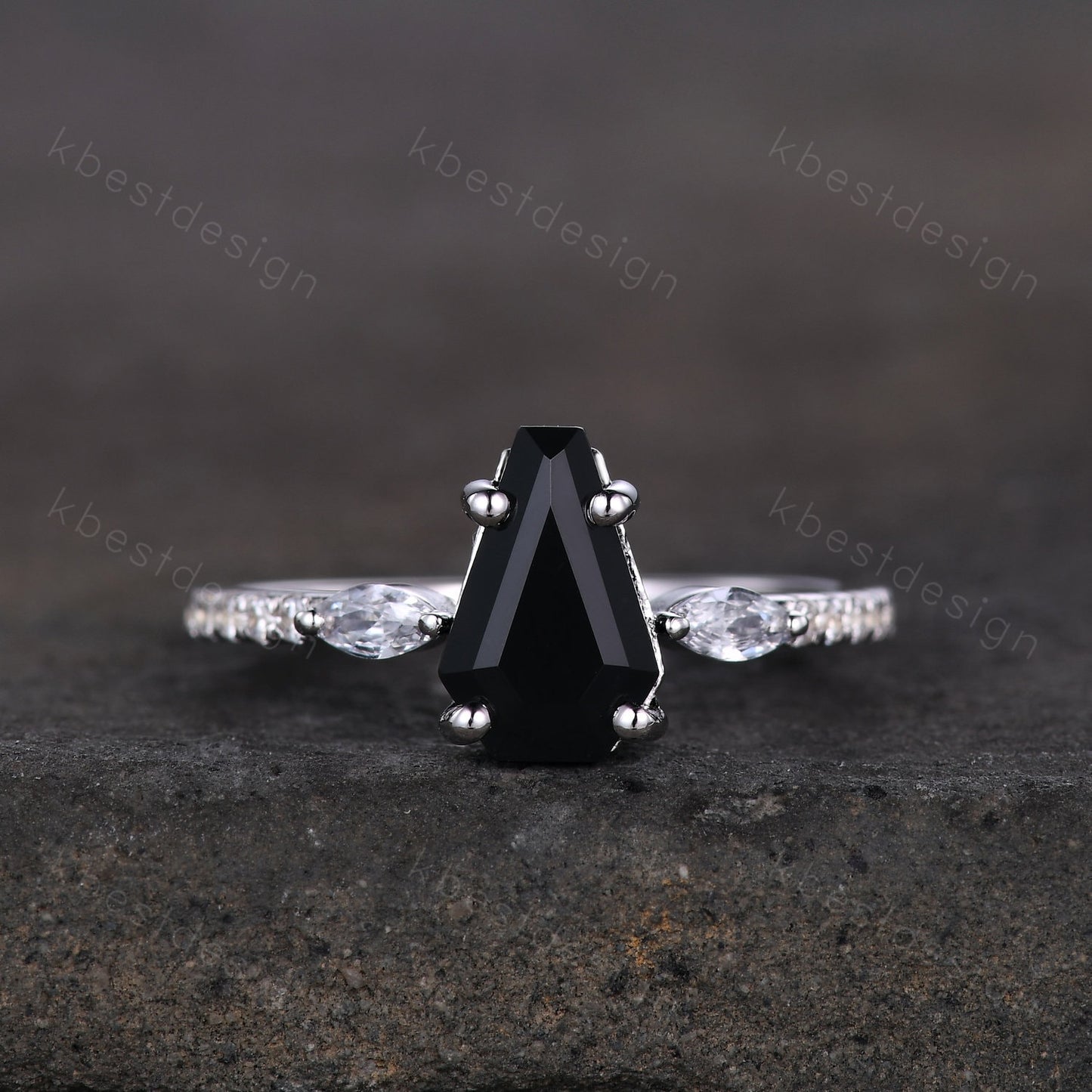Coffin shaped black onyx engagement ring vintage white gold rings for women art deco marquise cut moissanite ring antique promise ring