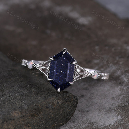 Elongated Hexagon cut Blue Sandstone Ring Art Deco Milgrain Opal Moissanite Wedding Ring Antique Multi Stone Engagement Ring Promise Ring