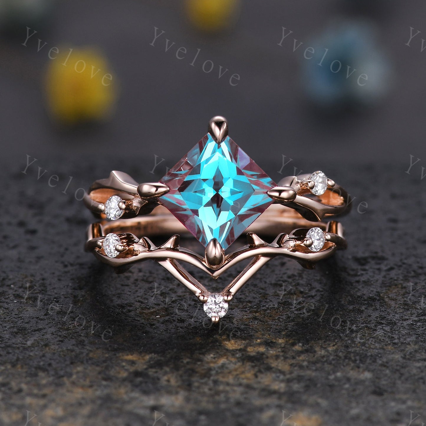 Vintage Princess Cut Alexandrite Engagement Ring,Twisted Ring,Leaf Vine Alexandrite Bridal Set,Branch Ring,Dainty Twig Moissanite Ring Gift