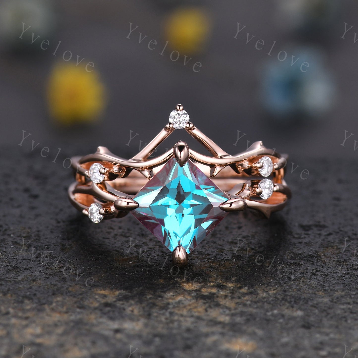 Vintage Princess Cut Alexandrite Engagement Ring,Twisted Ring,Leaf Vine Alexandrite Bridal Set,Branch Ring,Dainty Twig Moissanite Ring Gift