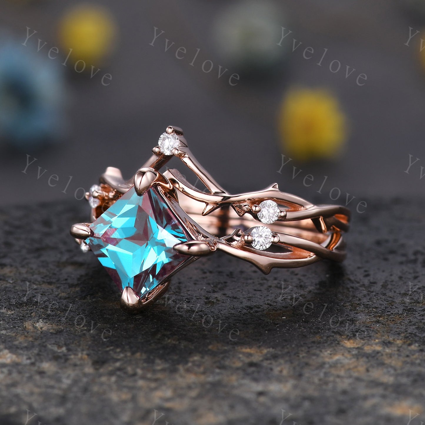Vintage Princess Cut Alexandrite Engagement Ring Set,Twisted Ring,Leaf Vine Alexandrite Bridal Set,Branch Ring,Dainty Twig Diamond Ring Gift