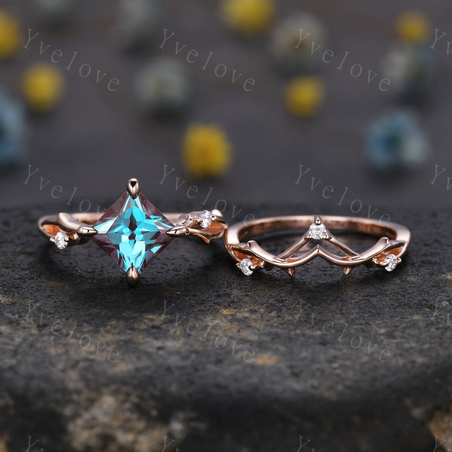 Vintage Princess Cut Alexandrite Engagement Ring,Twisted Ring,Leaf Vine Alexandrite Bridal Set,Branch Ring,Dainty Twig Moissanite Ring Gift