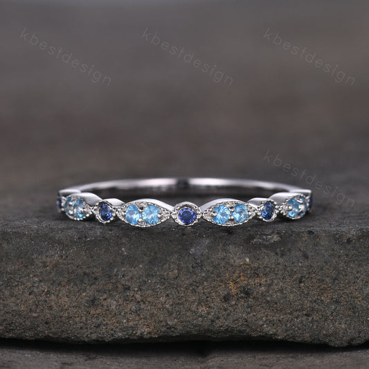 Blue Topaz Wedding Band Sterling Silver Sapphire Wedding Band Art Deco Half Eternity Band Unique Stacking Matching Band Anniversary Gift