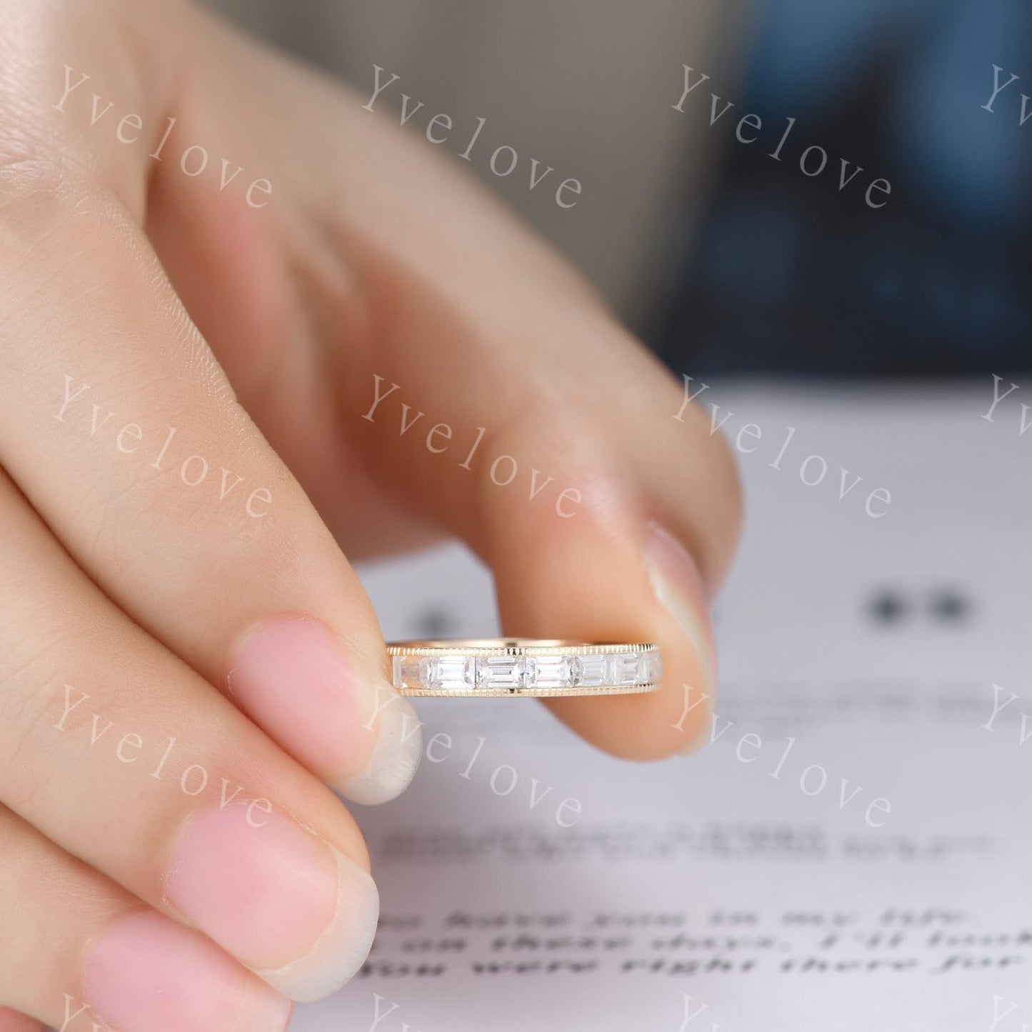 Vintage Moissanite Engagement Ring Baguette Cut Moissanite Band Eternity Wedding Band 14k Yellow gold Art Deco Stacking Matching Bridal Ring