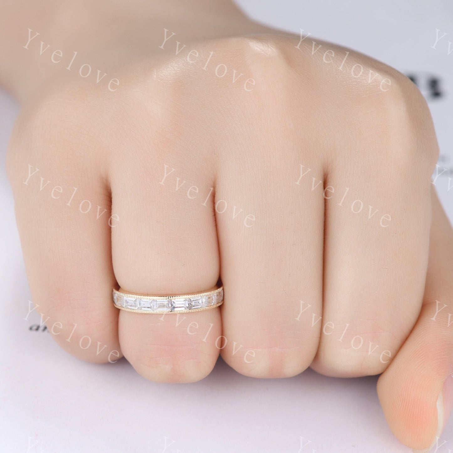 Vintage Moissanite Engagement Ring Baguette Cut Moissanite Band Eternity Wedding Band 14k Yellow gold Art Deco Stacking Matching Bridal Ring