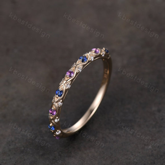Antique Sapphire Wedding Band Women Solid 14K Yellow Gold Band Amethyst Wedding Band Vintage Stacking Matching Band Anniversary Ring