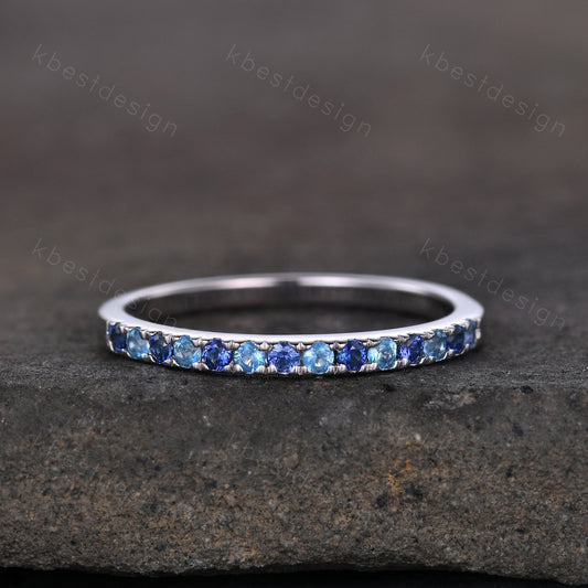 1.5mm Half eternity blue sapphire wedding band silver blue topaz band pave stacking matching band December birthstone ring gift for her