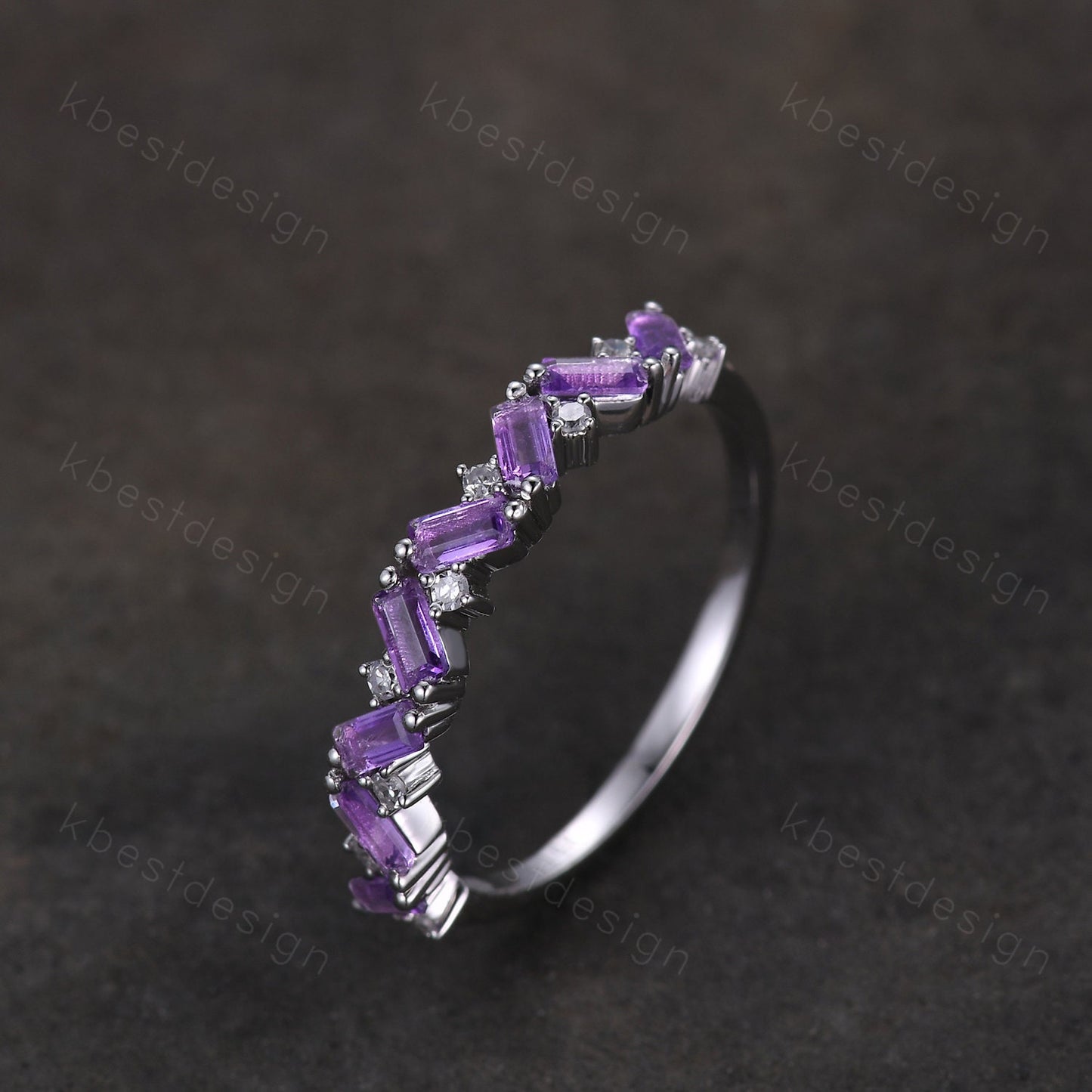 Baguette Amethyst Wedding Band Half Eternity Amethyst Moissanite Wedding Band Art deco Stacking Matching Band February Birthstone Ring