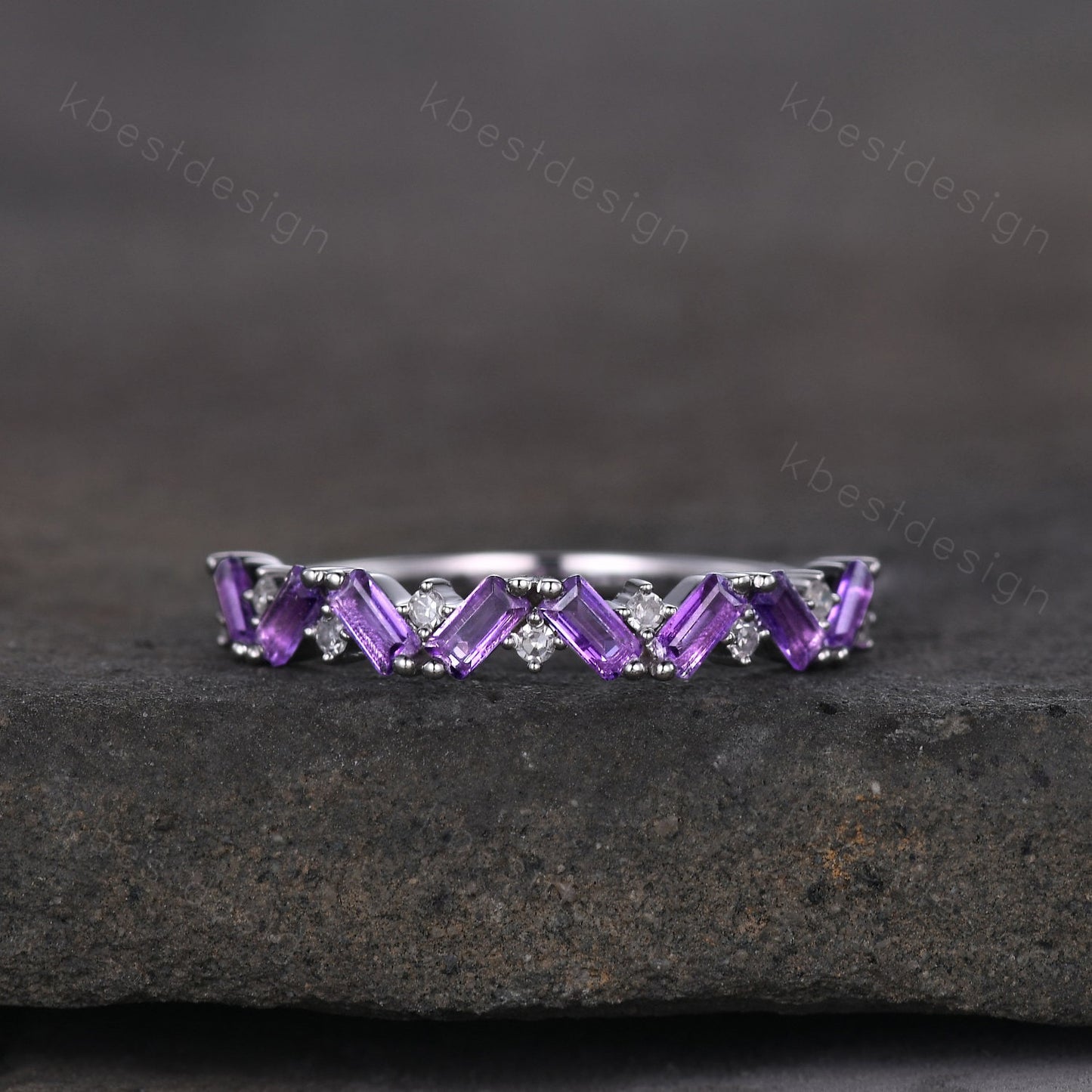 Baguette Amethyst Wedding Band Half Eternity Amethyst Moissanite Wedding Band Art deco Stacking Matching Band February Birthstone Ring