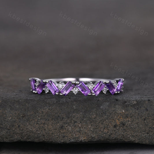 Baguette Amethyst Wedding Band Half Eternity Amethyst Moissanite Wedding Band Art deco Stacking Matching Band February Birthstone Ring