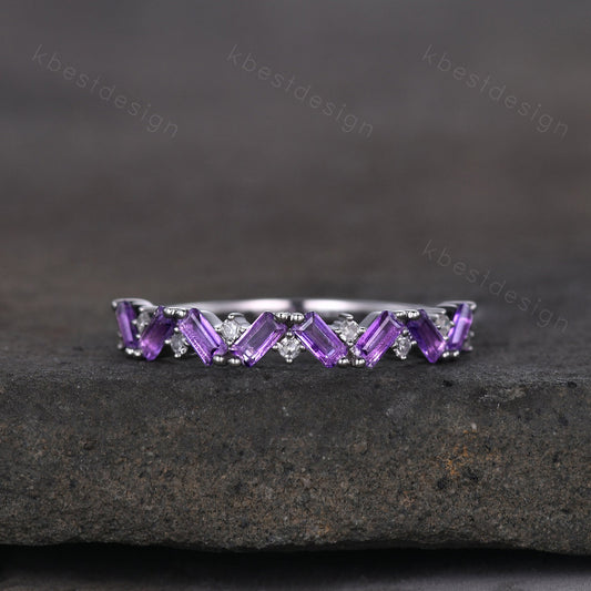 Baguette Amethyst Wedding Band Half Eternity Amethyst Moissanite Wedding Band Art deco Stacking Matching Band February Birthstone Ring