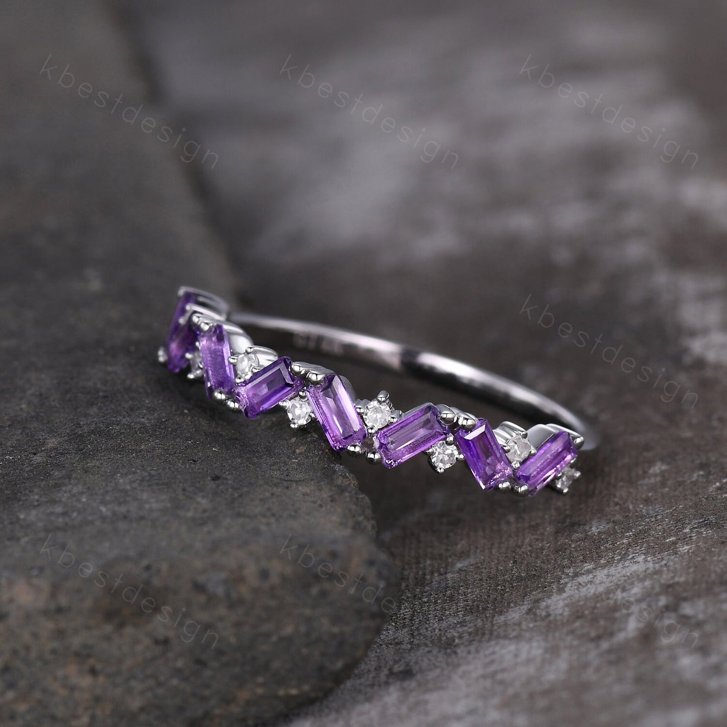 Baguette Amethyst Wedding Band Half Eternity Amethyst Moissanite Wedding Band Art deco Stacking Matching Band February Birthstone Ring