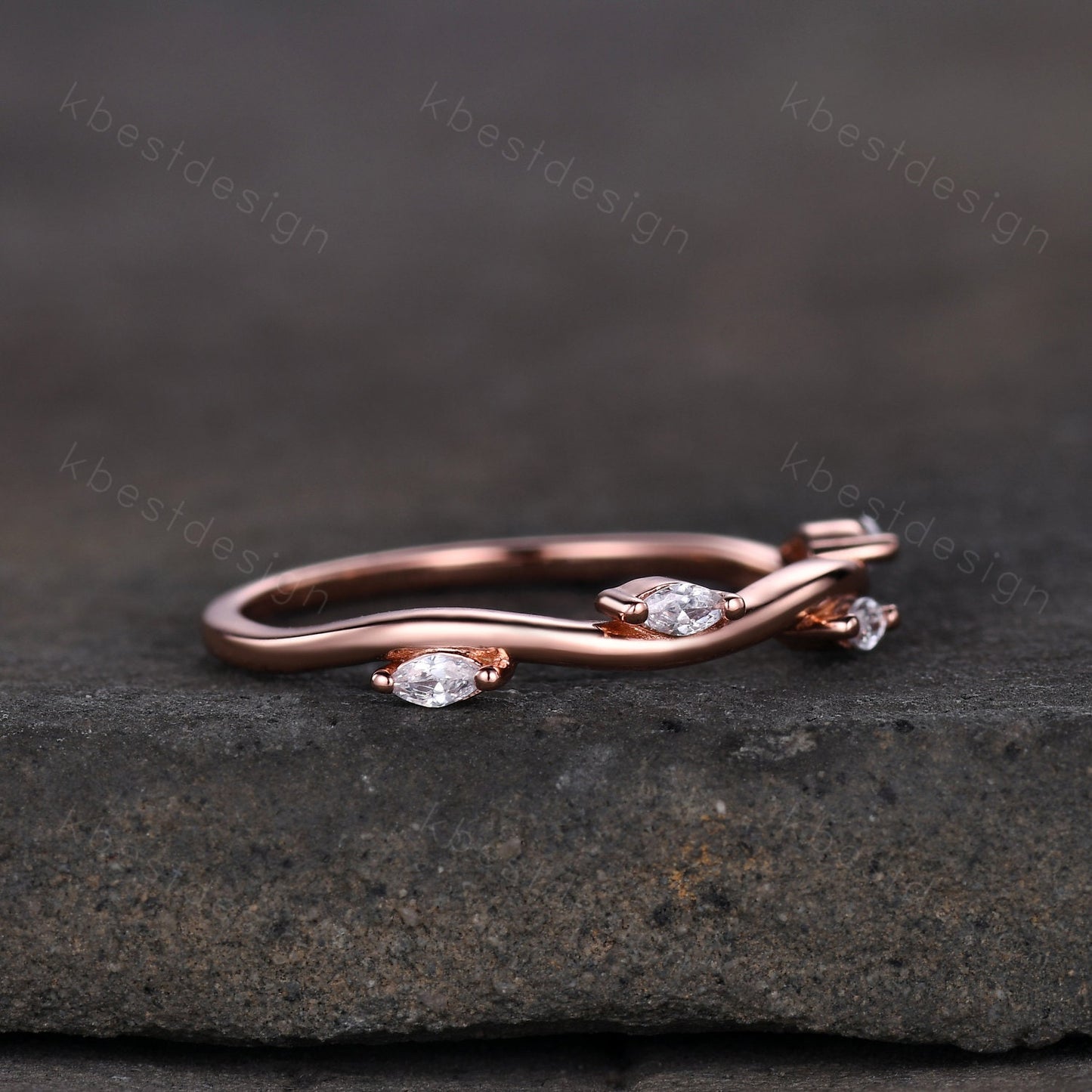Delicate Leaf Style Moissanite Wedding Band Rose Gold Wave Wedding Ring Unique Marquise cut Moissanite Stacking Band Anniversary Ring