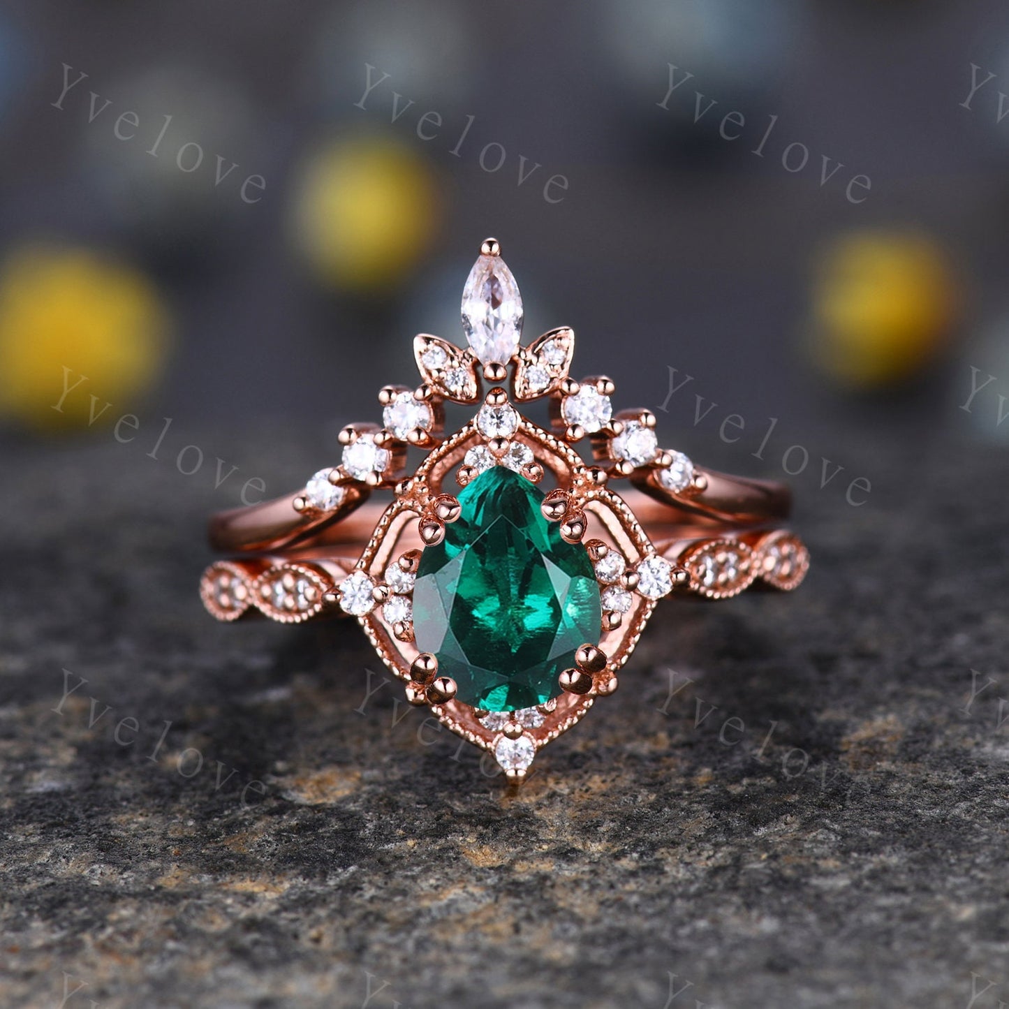 Vintage Emerald Engagement Ring Set,6x8mm Pear Emerald Bridal Set,Moissanite Half Eternity Band,Solid Gold,Women Rings Gift For Her,Custom